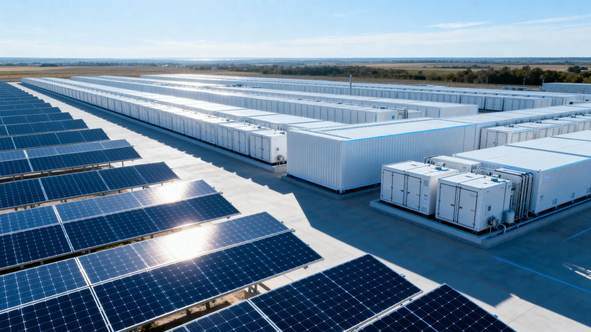 Co-Location: BESS-Container mit Photovoltaik bei Sonnenuntergang